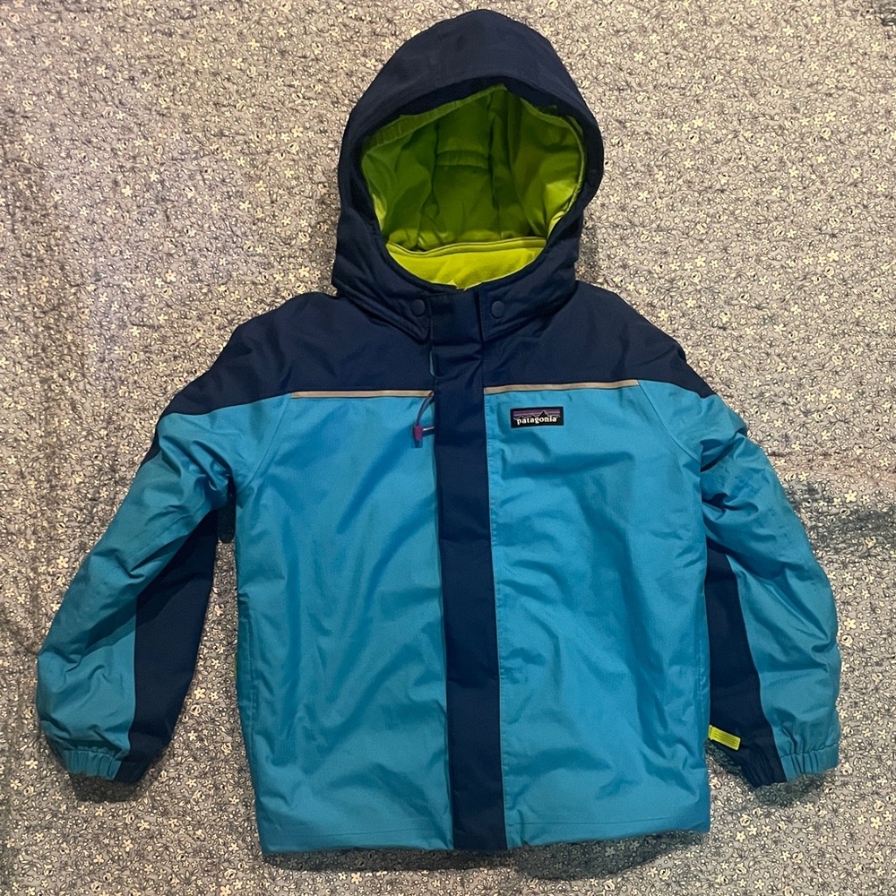 Patagonia Kids Blue and Neon Green Raincoat